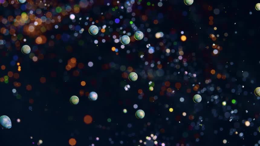 Spheres in various colors and various shapes flow in opposite directions in infinite space