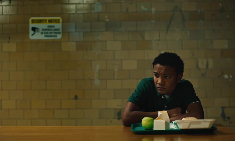 Scared black boy wearing a green polo shirt sitting down with his lunch at the school cafeteria