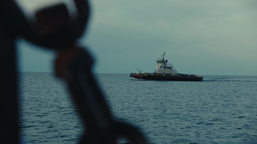 A boat that is anchored in the middle of the ocean
