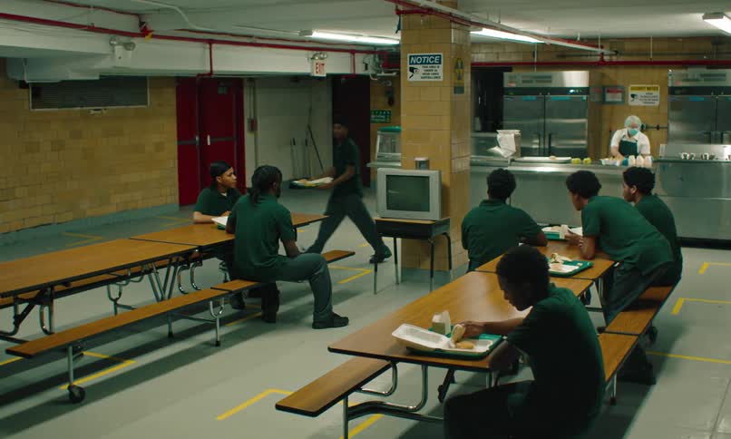 Cafeteria worker hands one student a tray then they all pay attention to sports broadcast