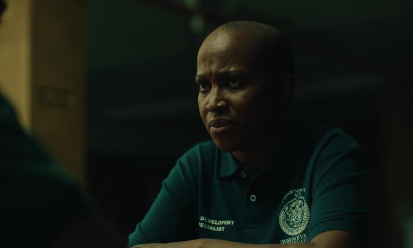 A woman sitting at a desk with a scowl on her forehead as she nods and talks to someone in front of her