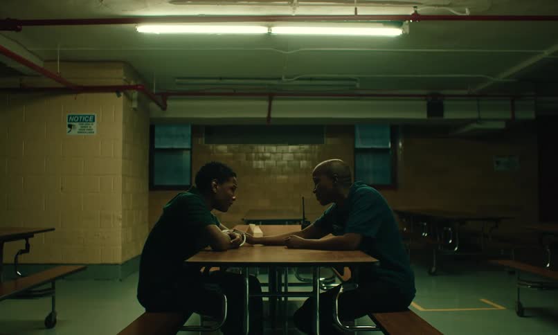 Inmate and a prison guard having a conversation at the cafeteria table