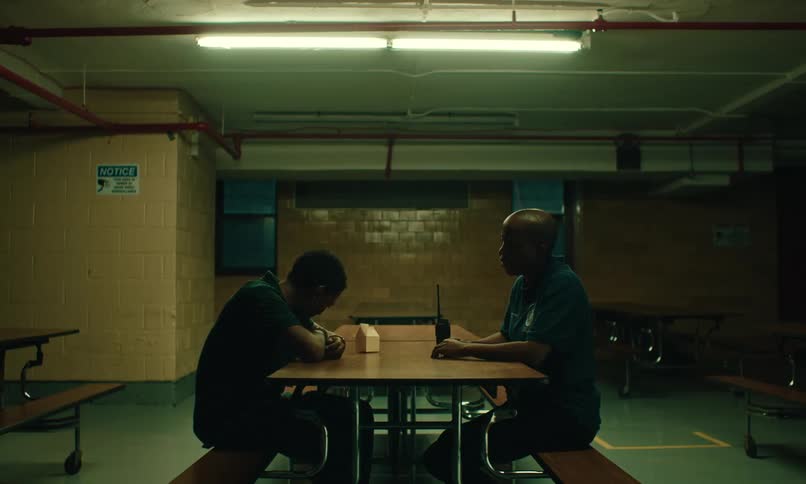 Sad young inmate sitting at the prison cafeteria table having a conversation with the prison guard