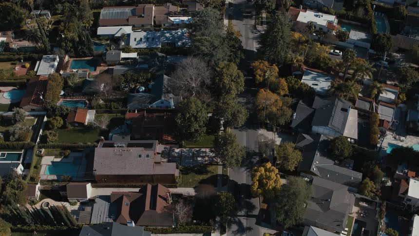 Birds eye view of a suburban city during spring
