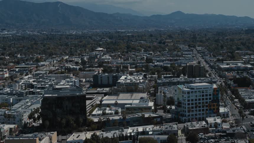 Aerial view of a downtown city during the spring time