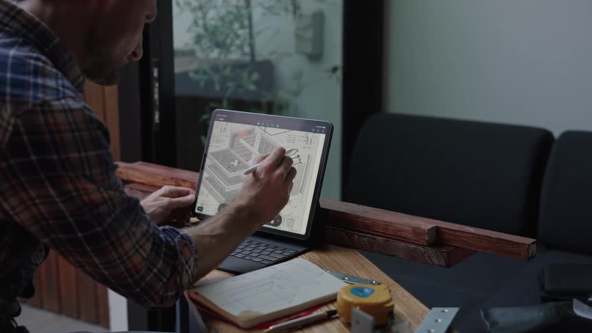 A man making notes on a building schematic