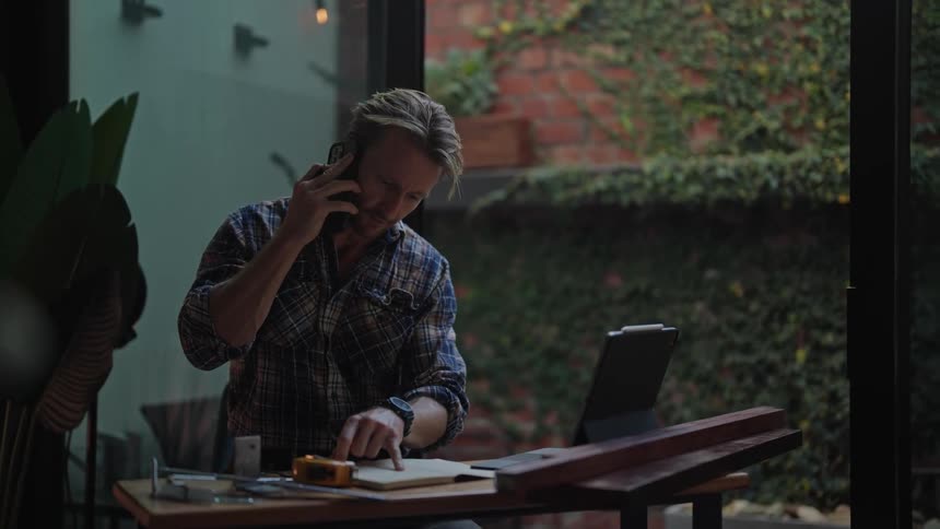 Man sitting in front of a table while talking on the phone looking at his laptop in front of him