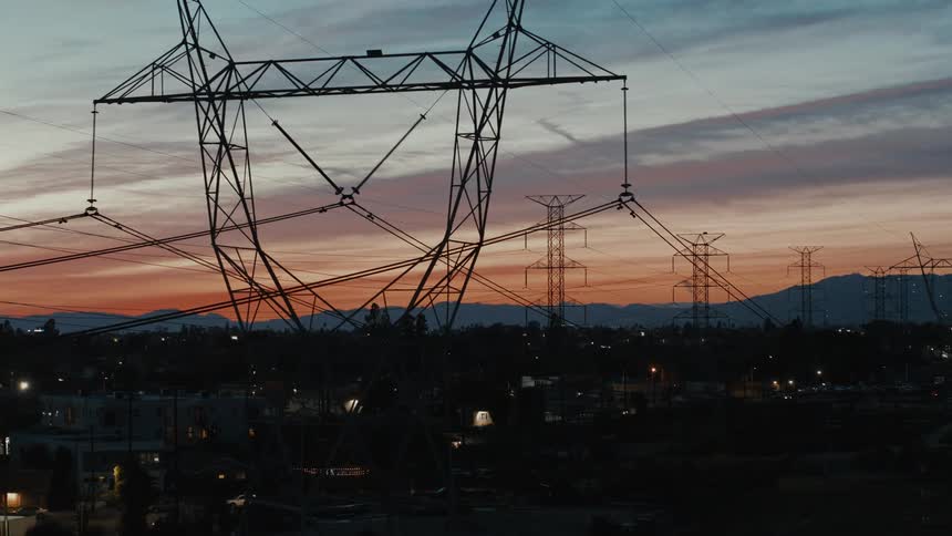 Powerlines extend into the distance over suburban Burbank at Sunset