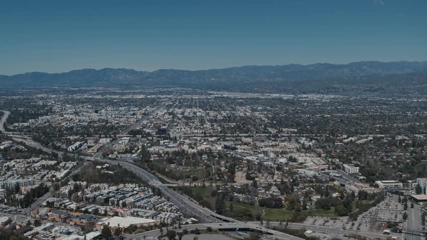 Aerial view of the 101 Freeway and San Fernando Valley from the vantage of Hollywood Hills