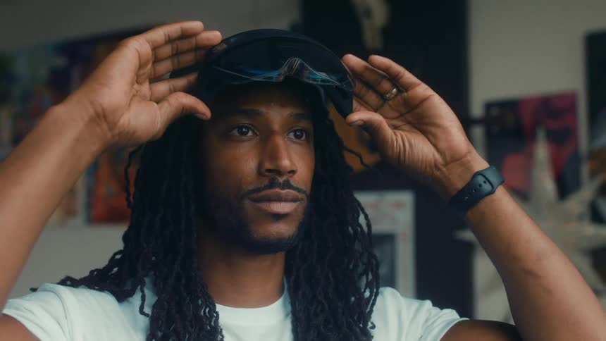 A black man places a virtual reality headset on his head