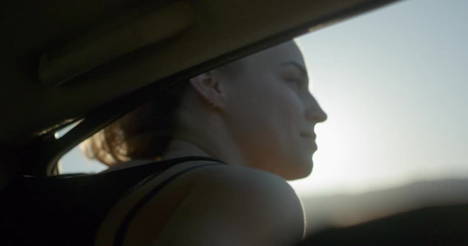 A woman is hanging out of a moving car window getting a breeze