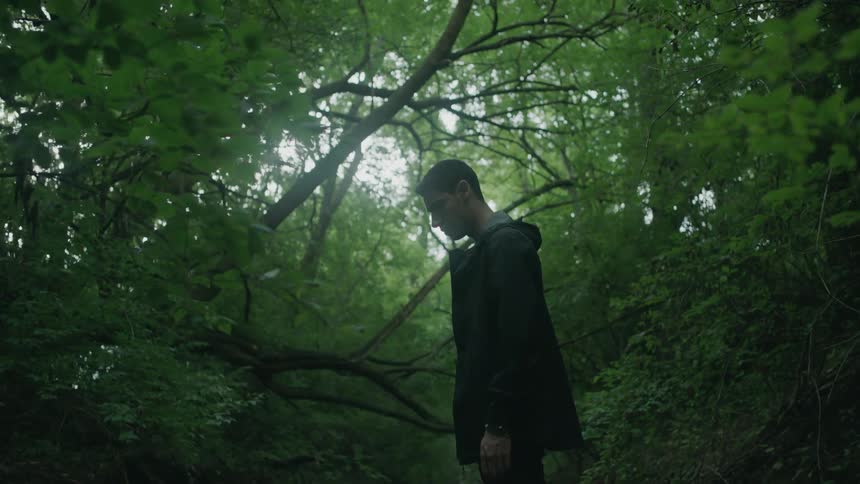 A man stands alone in the woods