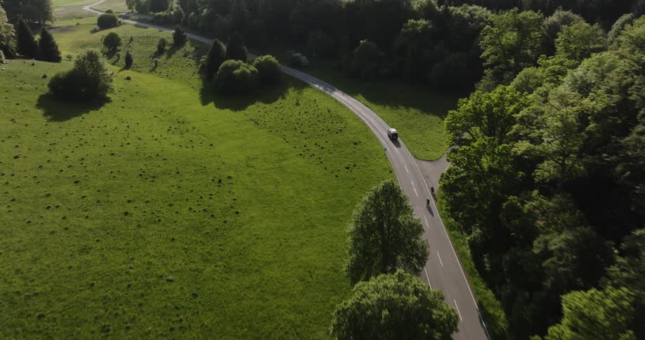 Drone view of a roadway with a dense forest on one side and a open grassy field on the other