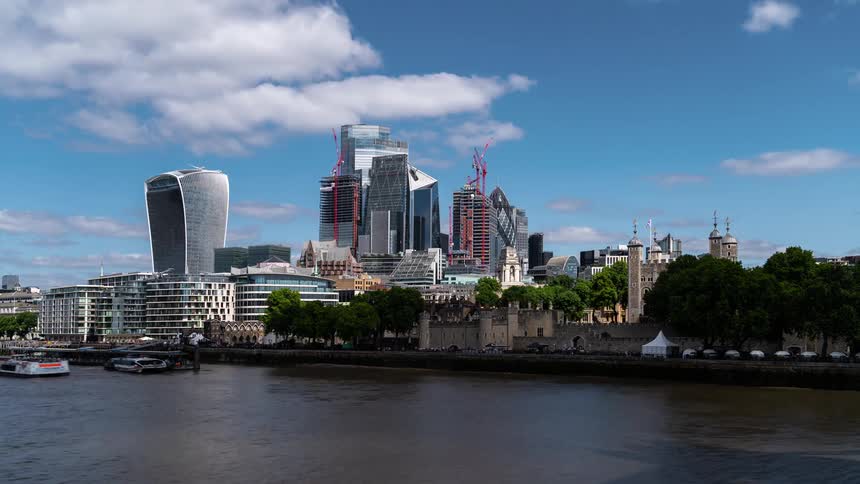 Landscape of a metropolitan city with skyscrapers and canal with marina