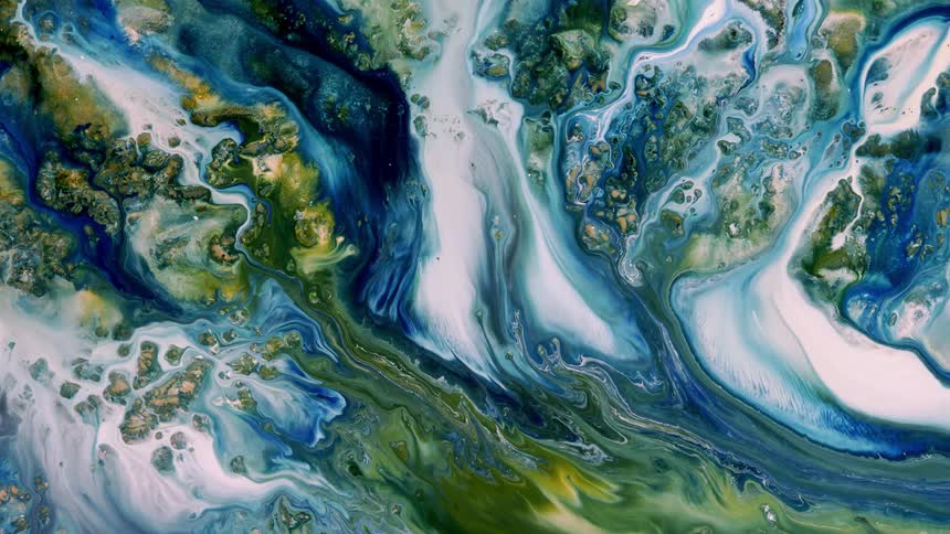 a macro scenery with rivers, rocks and mountains in blue white and green