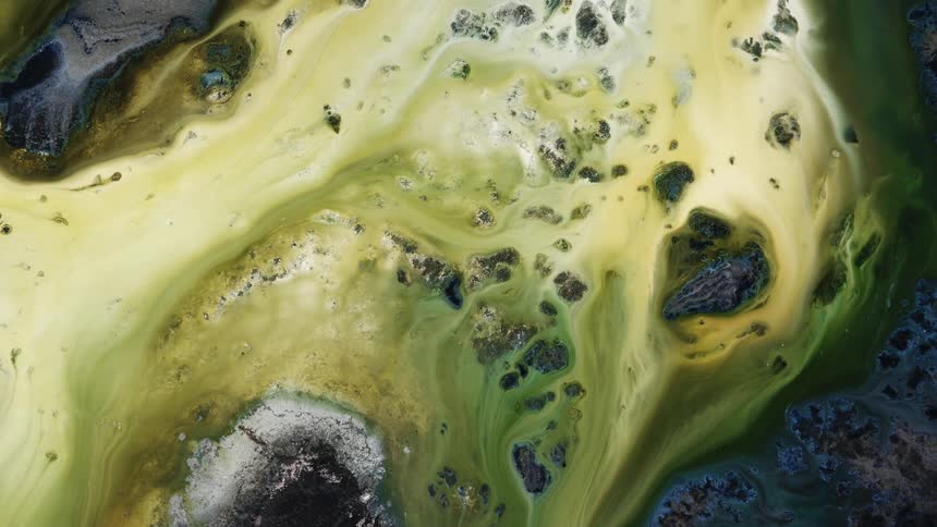 A yellow liquid river flowing on top of stones in this otherworld scenerry