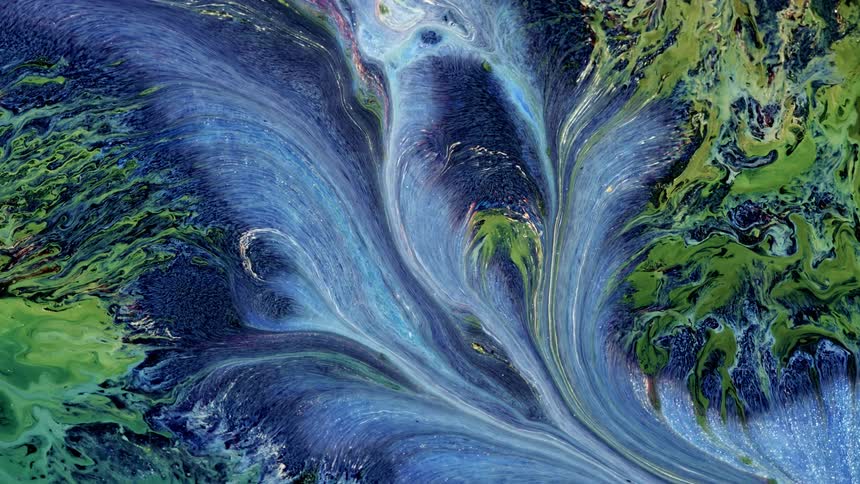 A blue blending river of stripes flows through a green textured area with colors mixing as they move across the surface
