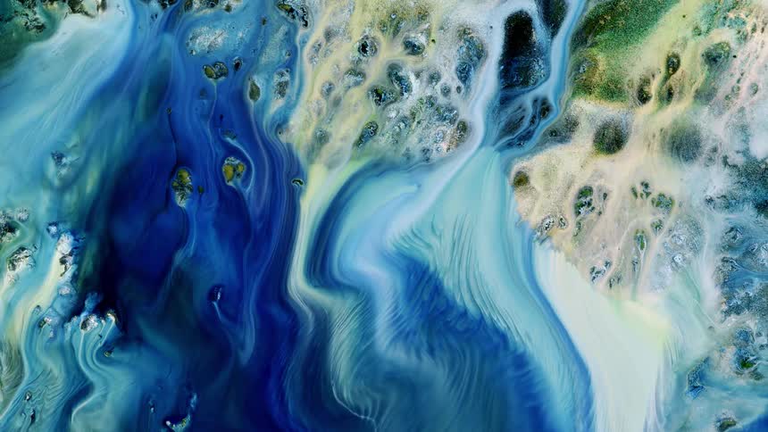 Digital abstract art with blue a white wavy marbled paint and green and white spilled paint over black