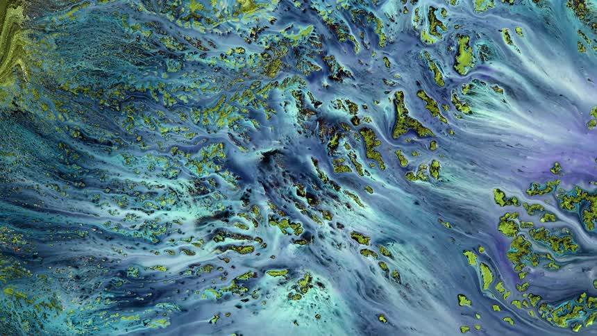 White and lavender liquid blends with background colors as it moves over the texture becoming rivers of blue and turquoise flowing across the environment