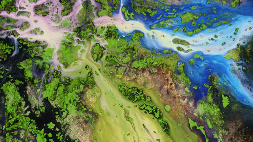 liquid art mimics a satellite view of planet earth with rivers mountains and hills