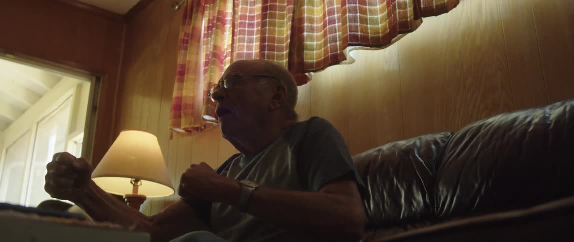 Man seated on the couch enthusiastically watching sports on tv making gestures and cheering