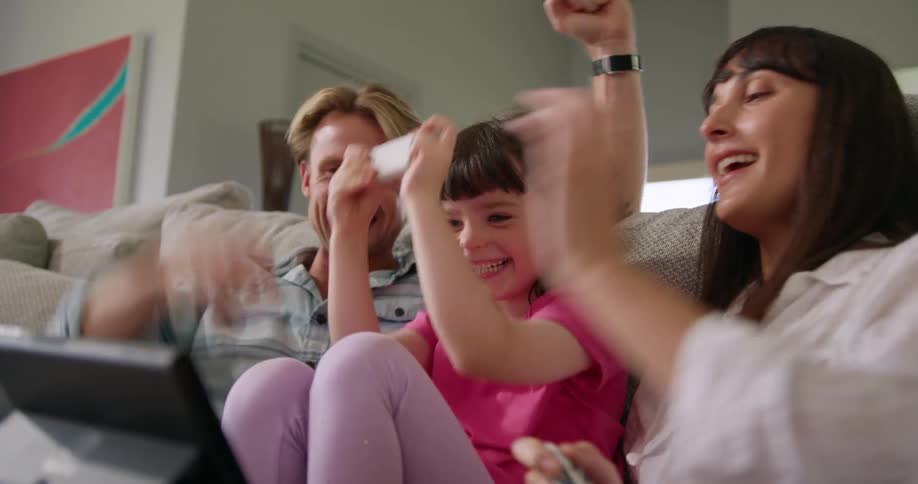 A family play video games together