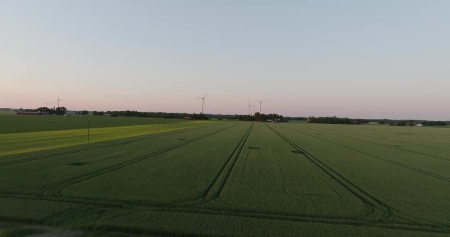An aerial shot of a long planted farm field with wind turbines at the end