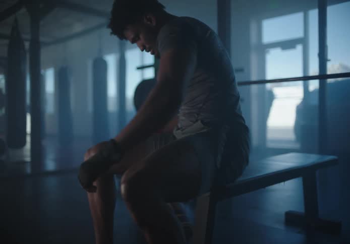 Man completing his bench press set sitting and catching his breath in an empty gym