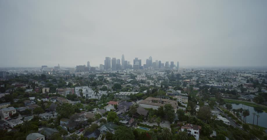 Aerial view of echo park lake and city skyline