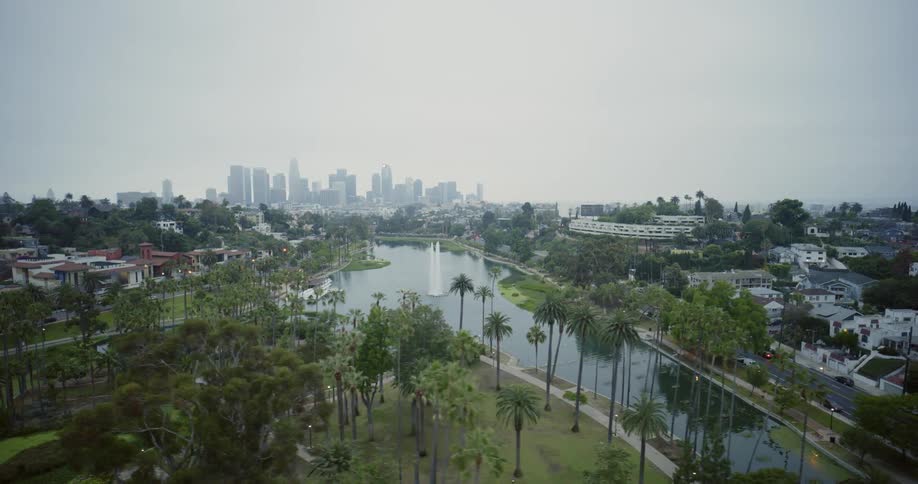 Traveling aerial shot of a city