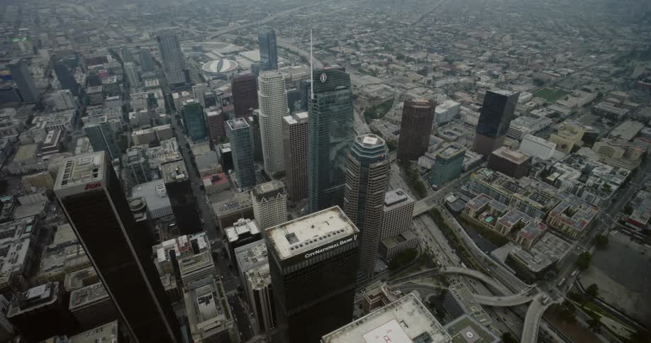 Aerial view of buildings and streets in a metropolitan area