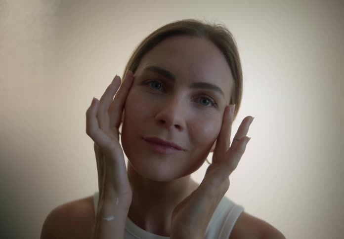 Woman gently applying facial cream