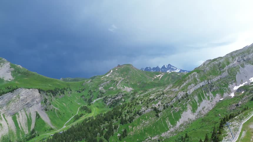 The mountains are covered with green