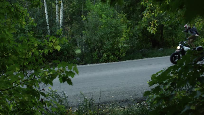 A man balances on a motorcycle in a forested area