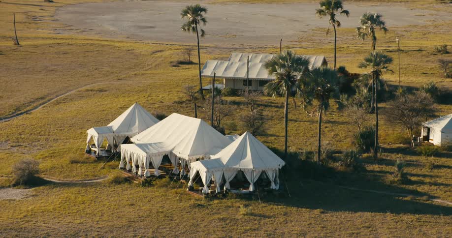 Aerial view of three big tents near palm trees in the desert