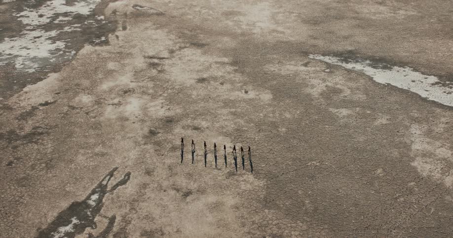 Bushmen walk single file across arid land near salt flats castings shadows onto the ground