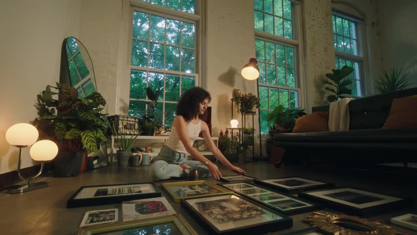 A young woman sits indoors while looking at several framed pictures on the floor