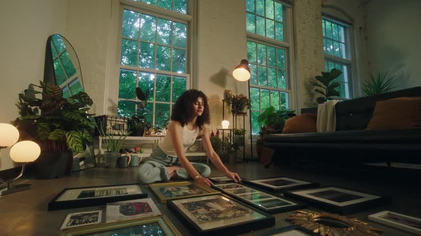 A young woman arranges multiple framed pictures on the floor