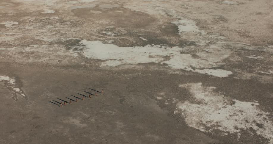 Small group of bushmen crossing the salt pan on foot