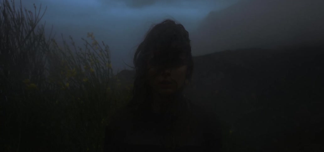 Woman stands outdoorsamong fog as wind her hair across her face