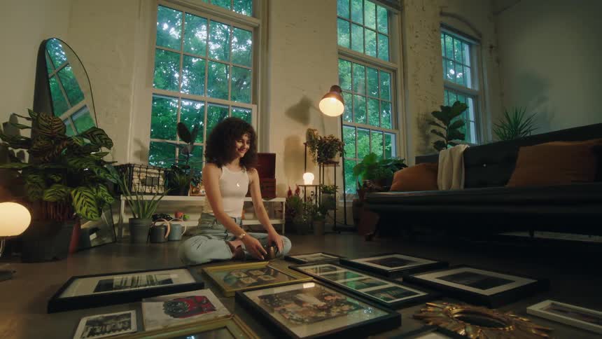 A woman examines portraits on the floor