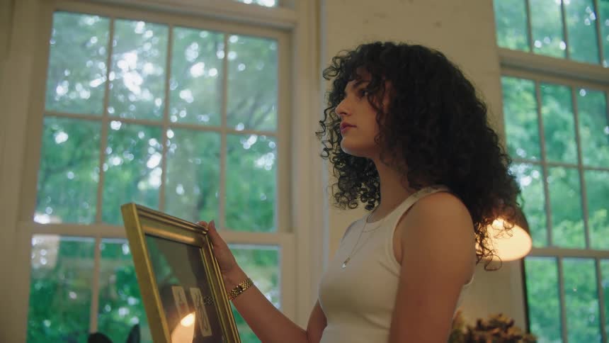 A woman goes to hang a painting