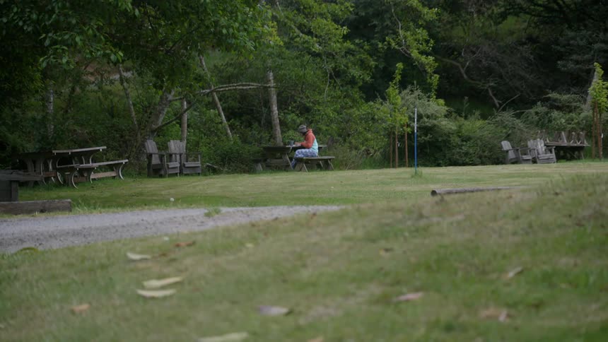 Woman sits at bench at park near the forest