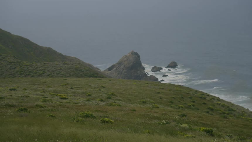 Sea and sea stack seen from the top of a hill on the coast