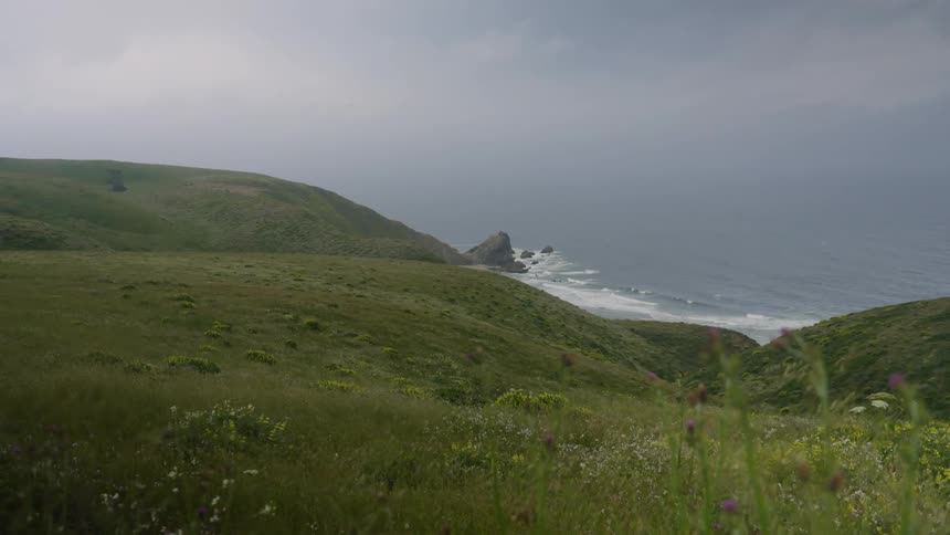 Landscape of green hills overlooking sea