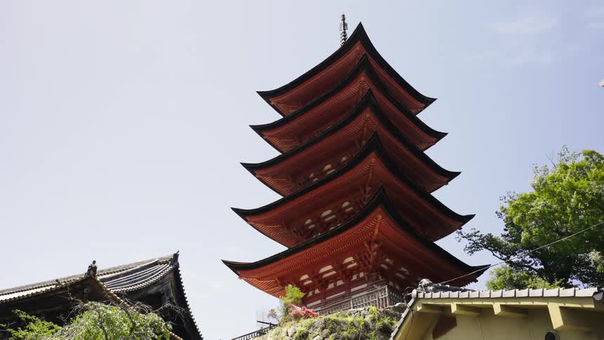 A beautiful Japanese tower has distinctively elaborate architecture