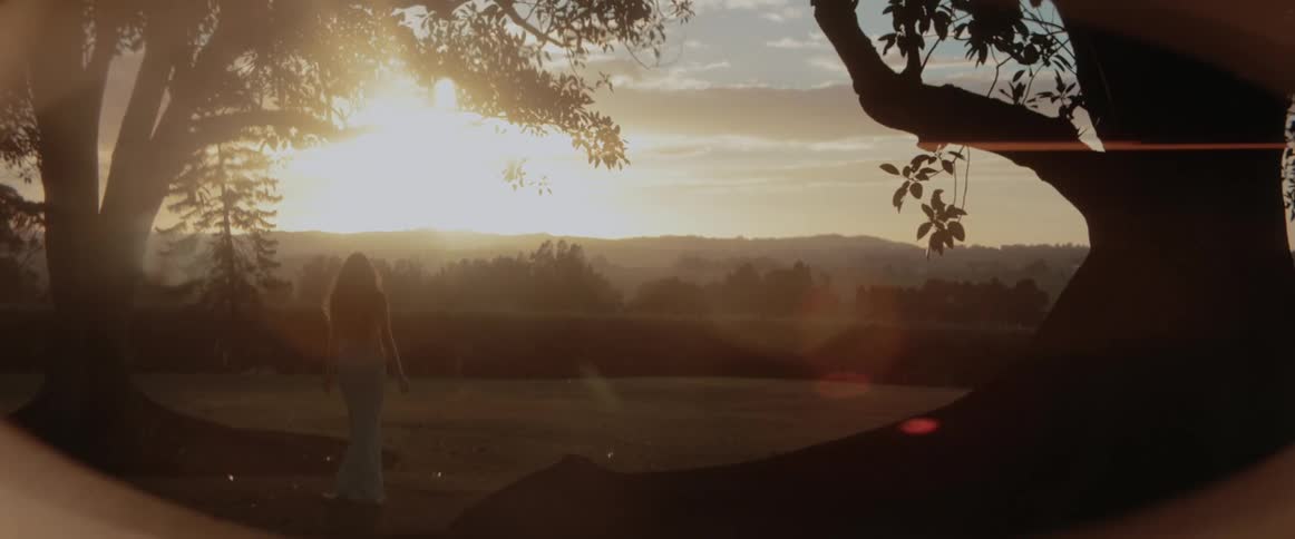 Woman in light blue dress walks in the field at sunset