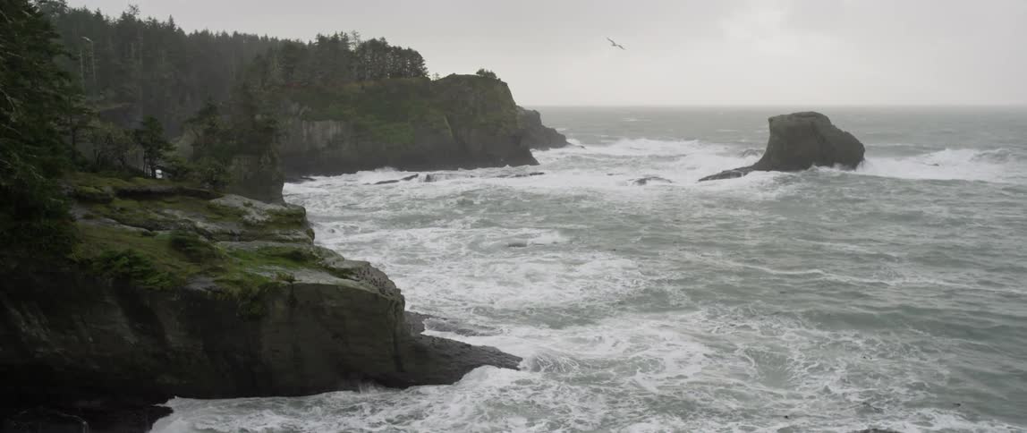 Waves crash into the cliffside shore on an overcast day
