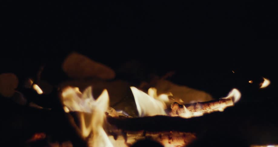 Flames flicker as a fire burns several small pieces of wood