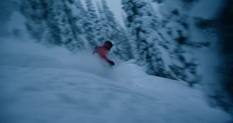A male skier lands a jump while skiing downhill very quickly in a forest